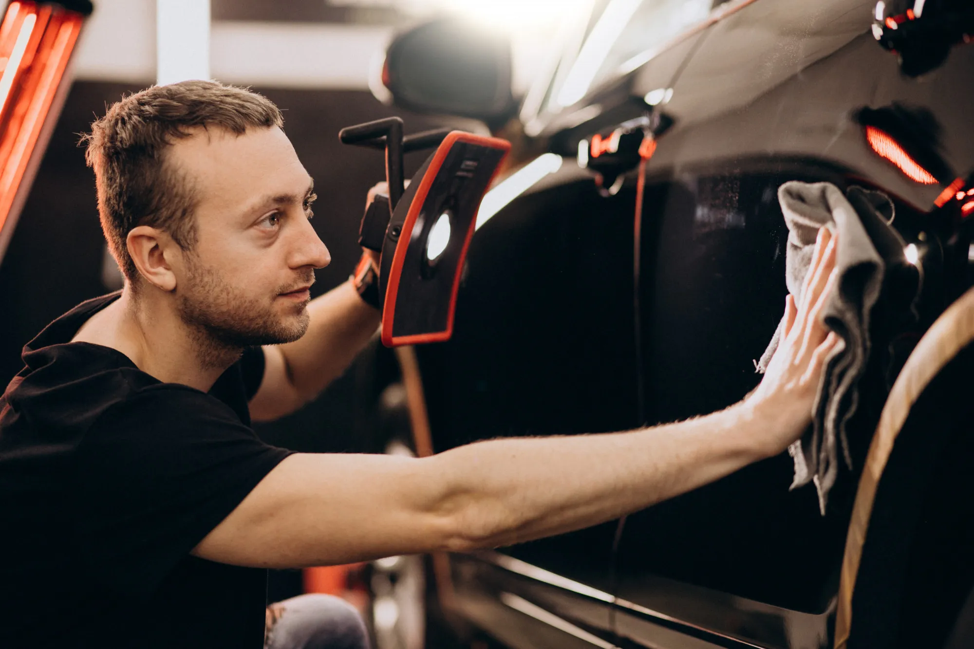 A detailer inspecting and polishing a black car's bodywork