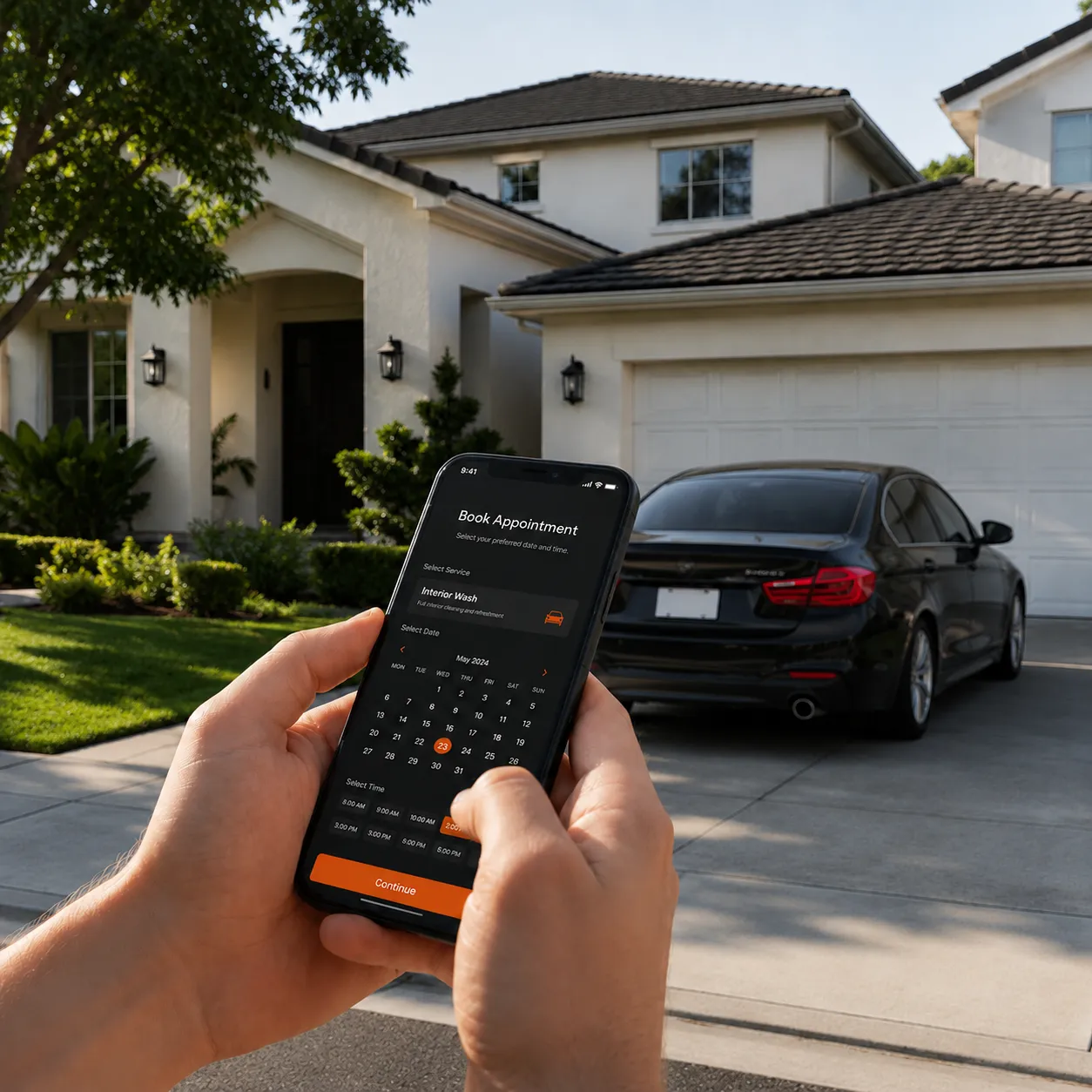 Person holding phone with app to book interior car wash appointment in front of black sedan and house.