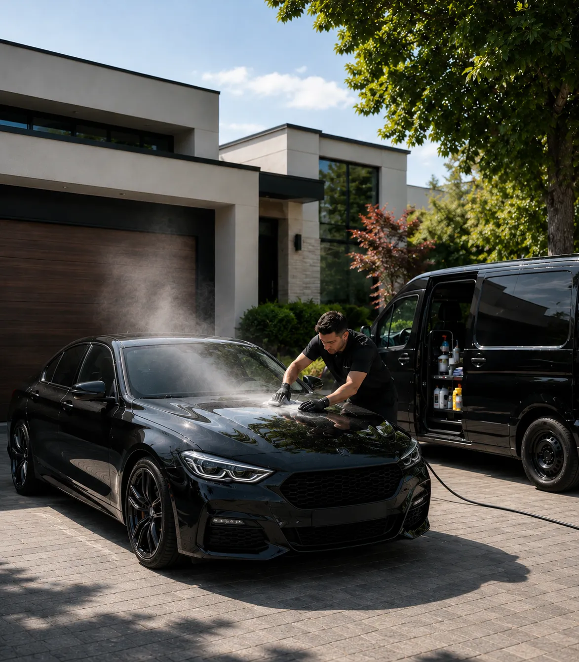 Man detailing black BMW sedan with steam in driveway near black van and modern house.