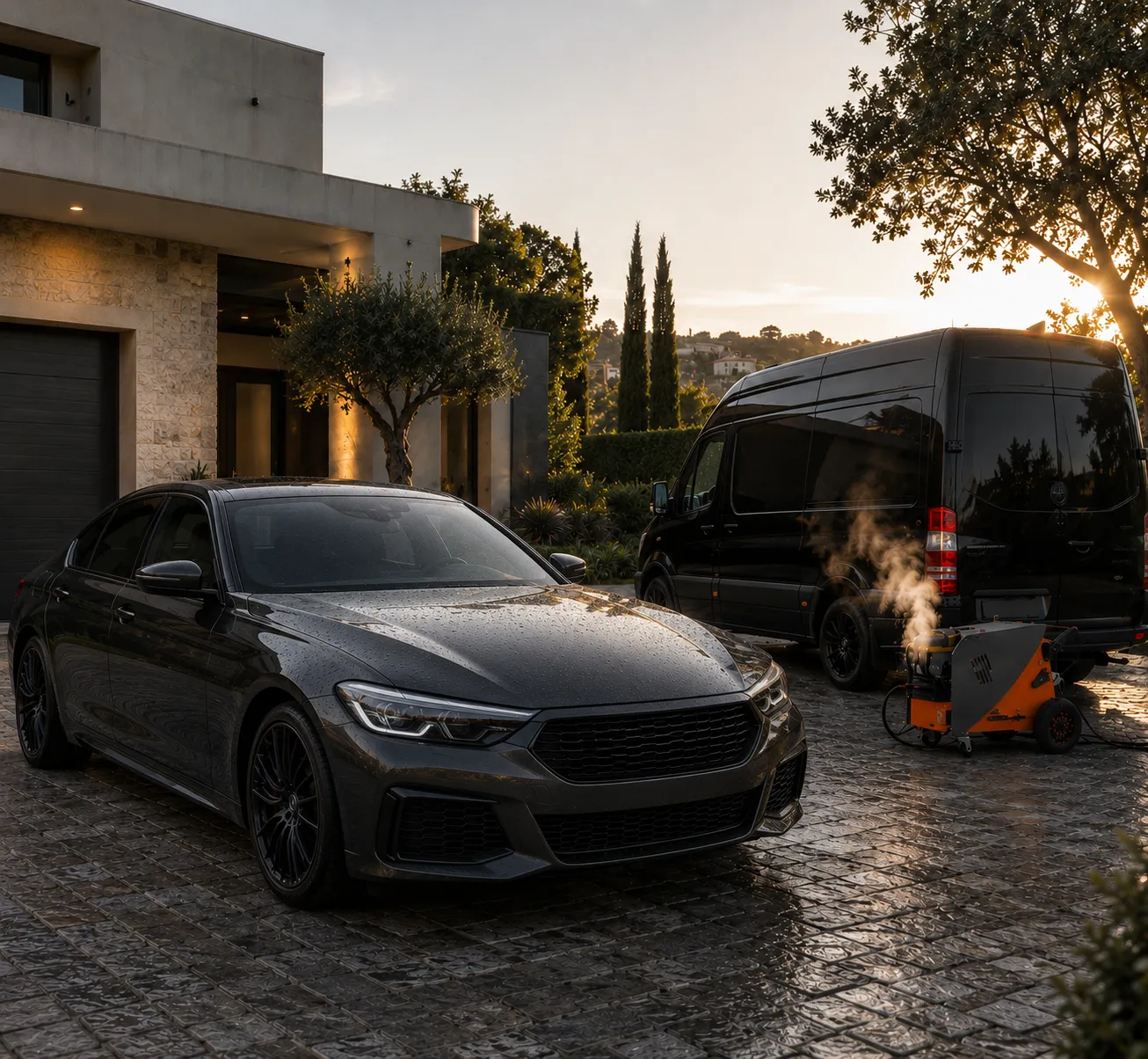Black BMW sedan and black van parked on stone driveway by modern house at sunset.
