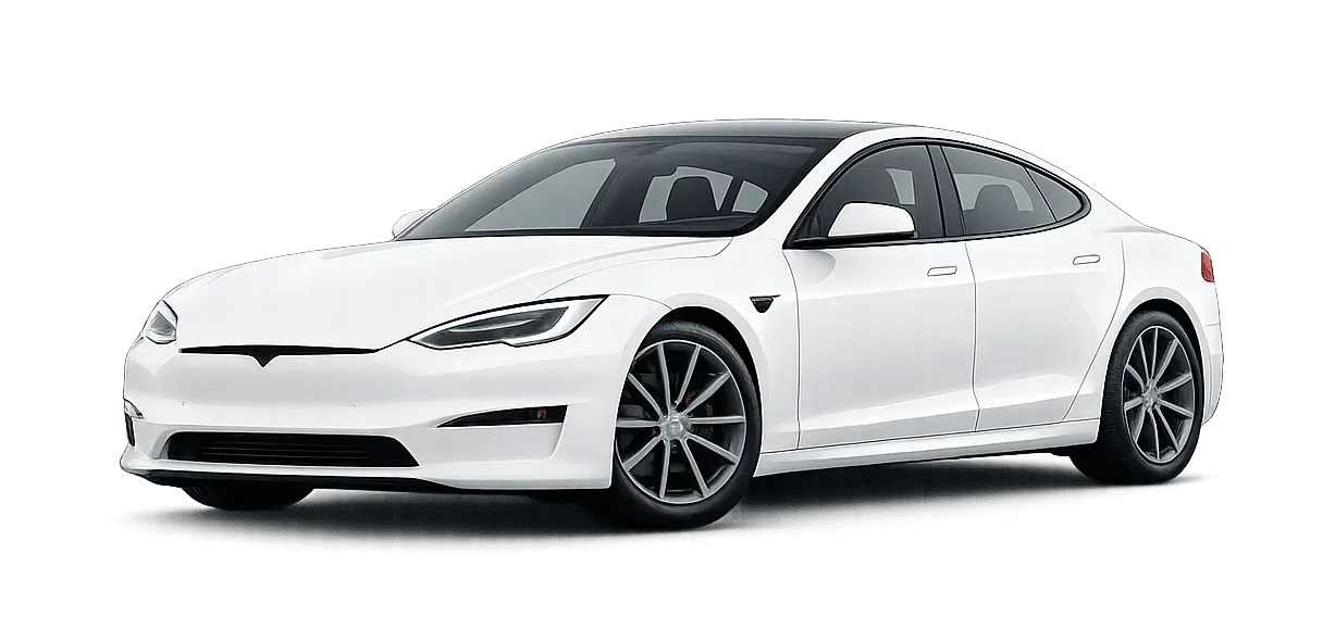 White Tesla Model S electric car angled front right.